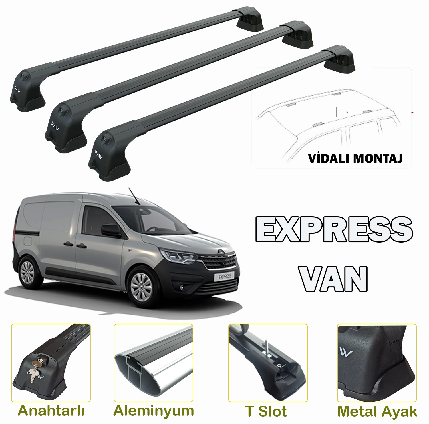 Renault Express Üst Merdiven Taşıyıcı Tavan Yük Sabitleyici Bar 3 Adet